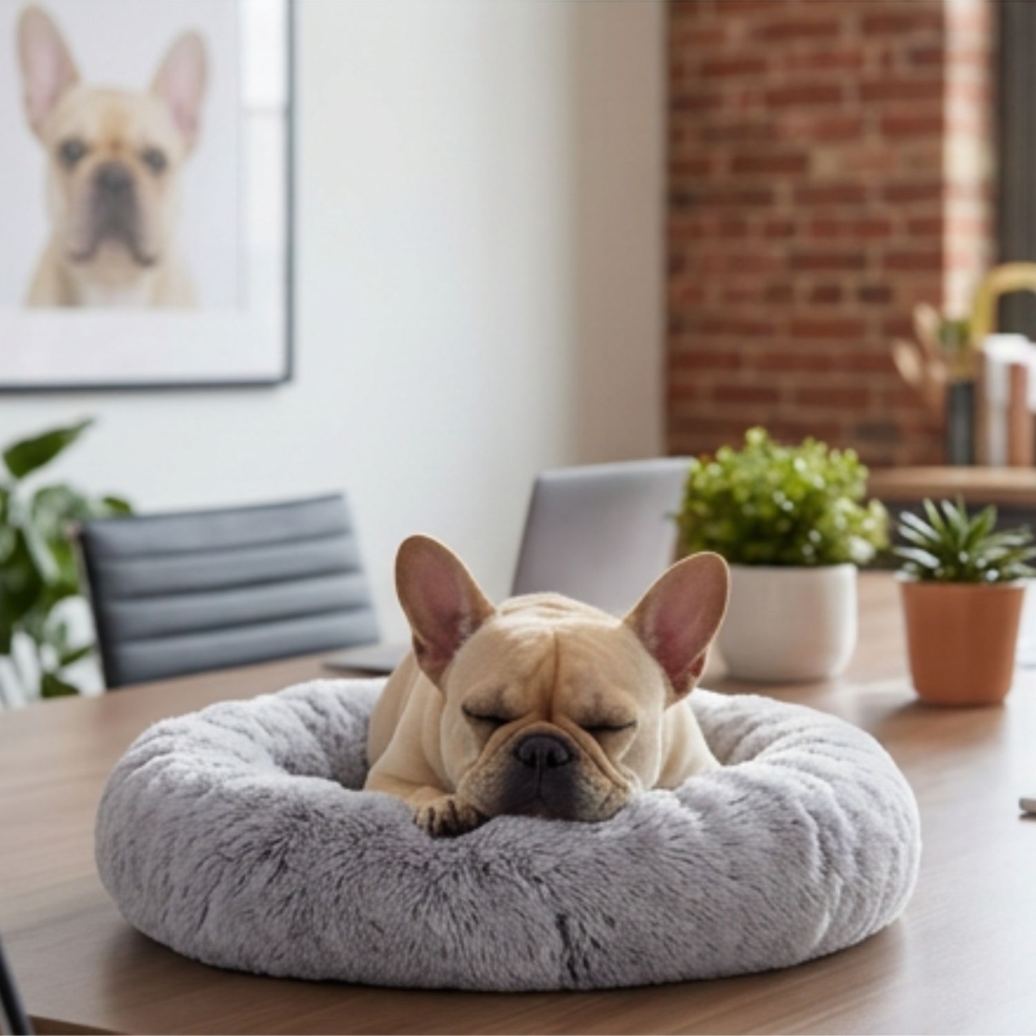Fifi the French Bulldog - CEO of Sleep - wearing a silk eye mask on a fluffy dog bed
