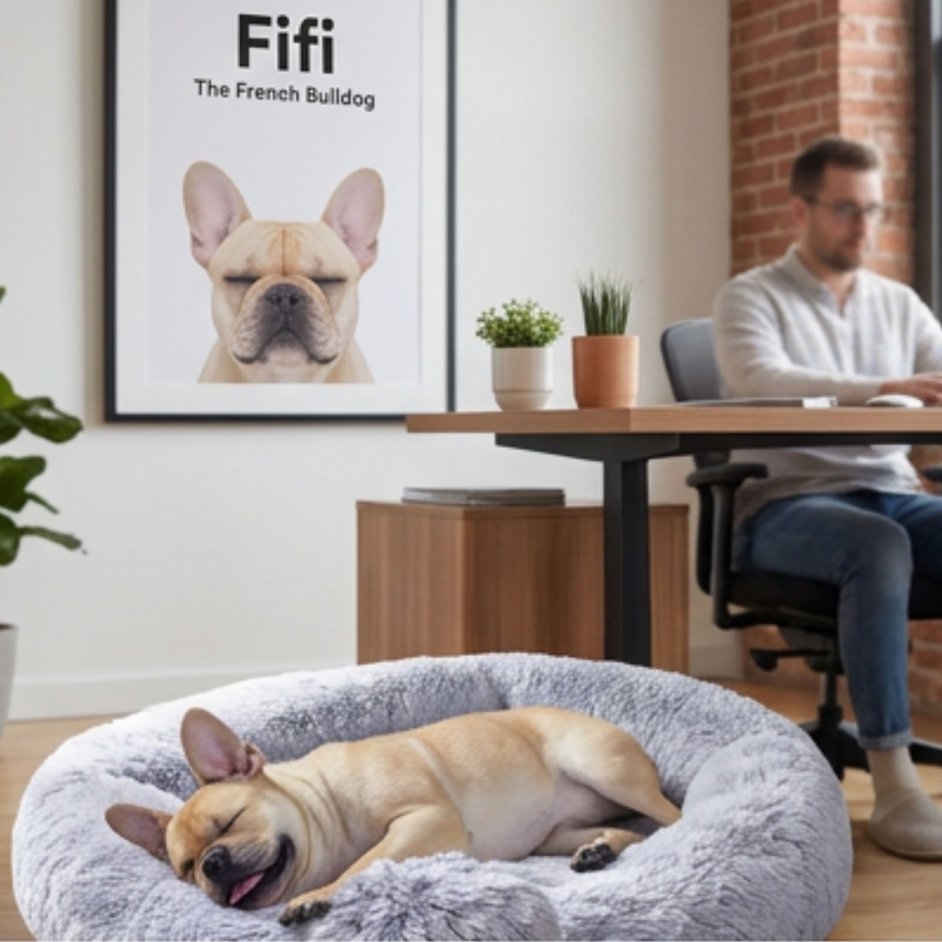 Fifi the French Bulldog - Head of Website Build Work, sleeping at a desk