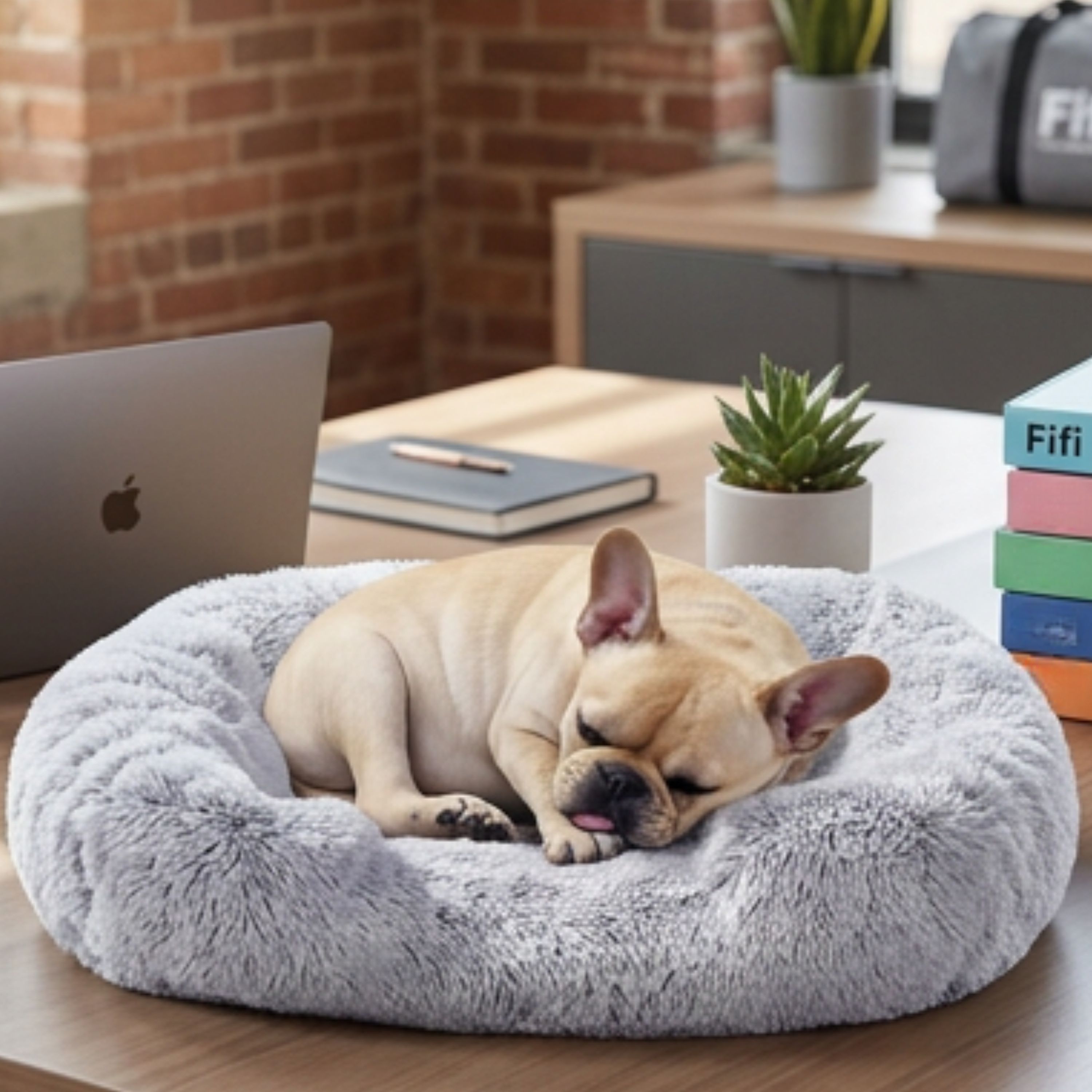 Fifi the French Bulldog - Pawductivity Expert, sleeping on a MacBook desk