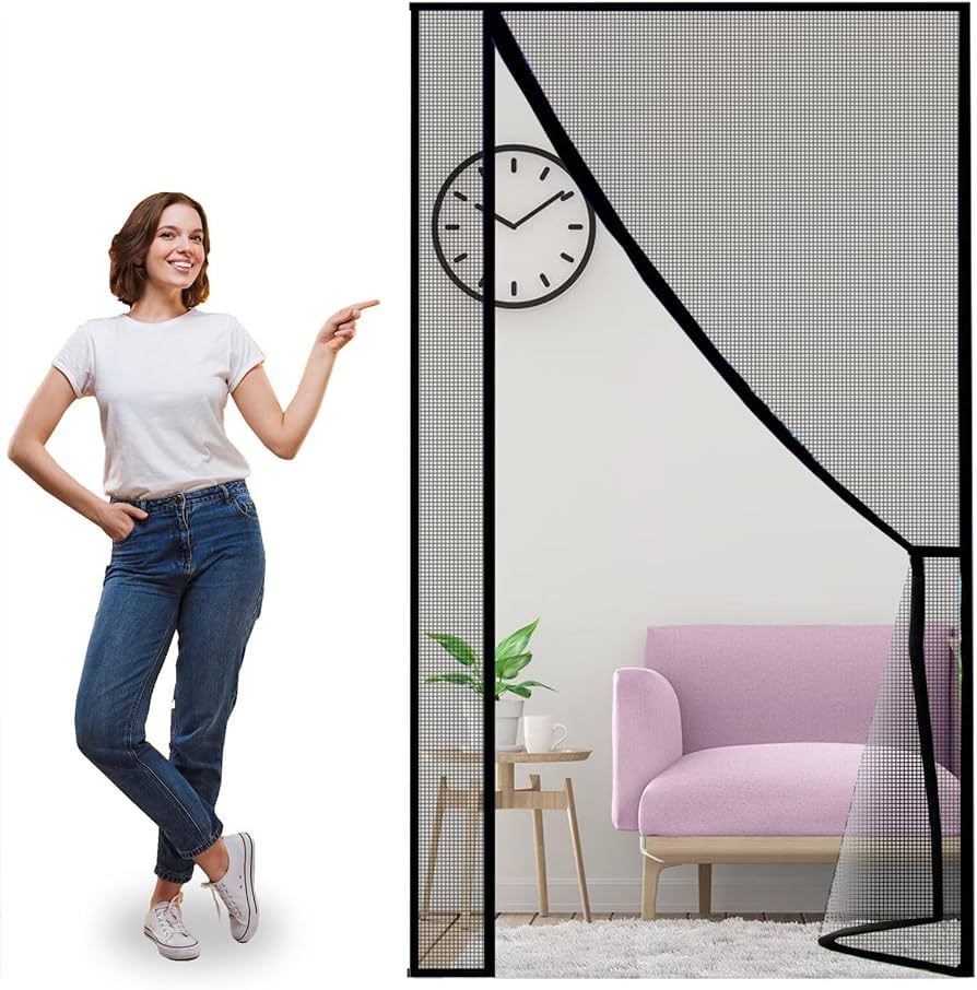 Custom-made custom-sized magnetic screen door with woman pointing